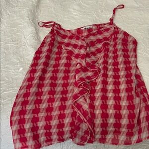 CAbi Red & Pink Plaid Ruffle Tie-Shoulder Cami
